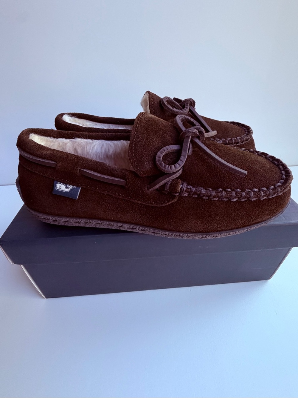 Vineyard Vines Boy’s Brown Suede Moccasin Slipper with Shearling Lining